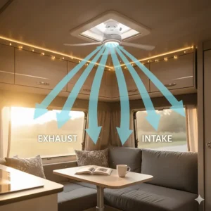 Graphic showing the reversible airflow function of a camper ceiling fan for both intake and exhaust modes.