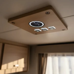 Detailed shot of the interior camper ceiling fan controls, including speed and reversible direction settings.