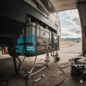 An illustration distinguishing between the camper fresh, gray, and black water tanks, highlighting their different plumbing inlets and outlets.