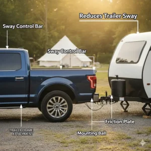 An image detailing the mechanism of a sway control device attached to a trailer hitch for a camper.