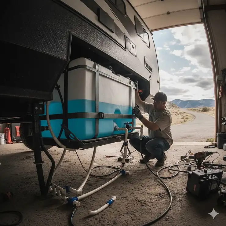 A large, high-capacity camper fresh water tank being installed in an RV chassis, showing the essential plumbing connections. camper water tank