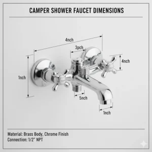 Technical drawing displaying the dimensions and measurements of the replacement camper shower faucet.