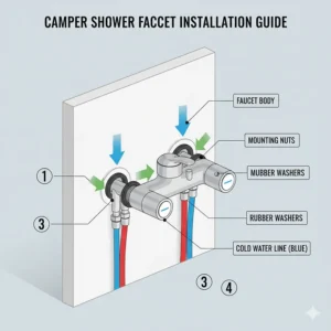 Step-by-step diagram showing the easy two-hole installation process for a camper shower faucet.