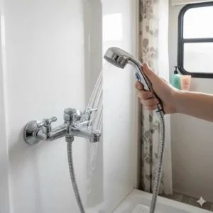 Complete chrome camper shower faucet kit with handheld sprayer and hose installed in a bright RV bathroom.