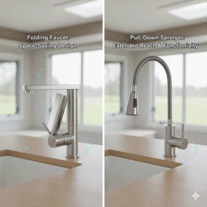 Side-by-side comparison of different faucet styles, including a folding faucet and a pull-down sprayer, suitable for camper trailer kitchen sinks.