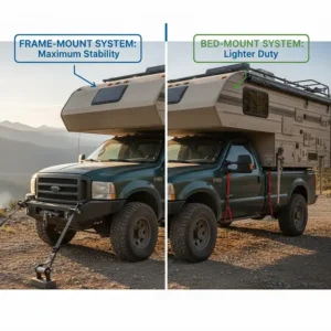 Side-by-side comparison illustration of frame-mounted versus bed-mounted truck camper tie down systems.