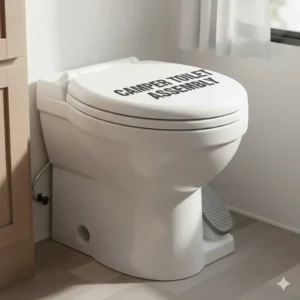 Photo of the full toilet bowl and seat assembly, illustrating the location of the foot pedal or lever.