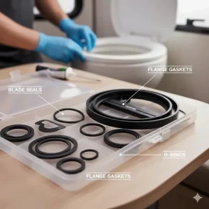 A set of replacement rubber gaskets and O-rings, essential small parts for preventing leaks in camper and RV toilets.