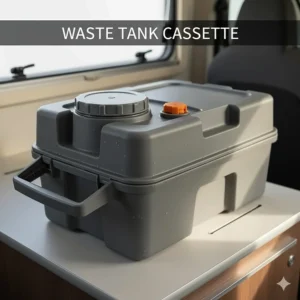 Close-up view of a removable camper toilet waste cassette with a handle and vent for easy disposal.