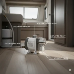 Illustration of the small water pump or connection responsible for supplying flush water to the portable or RV toilet.