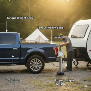 Illustration of checking the proper tongue weight of a trailer hitch using a specialized scale before towing a camper.