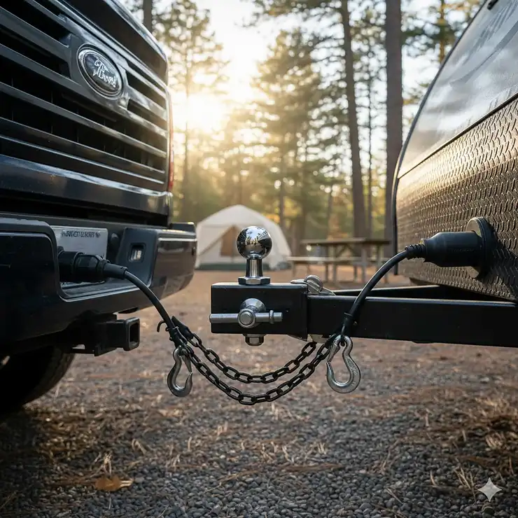 A close-up view of a sturdy hitch for a camper trailer correctly installed on the back of a pickup truck. hitches for a camper