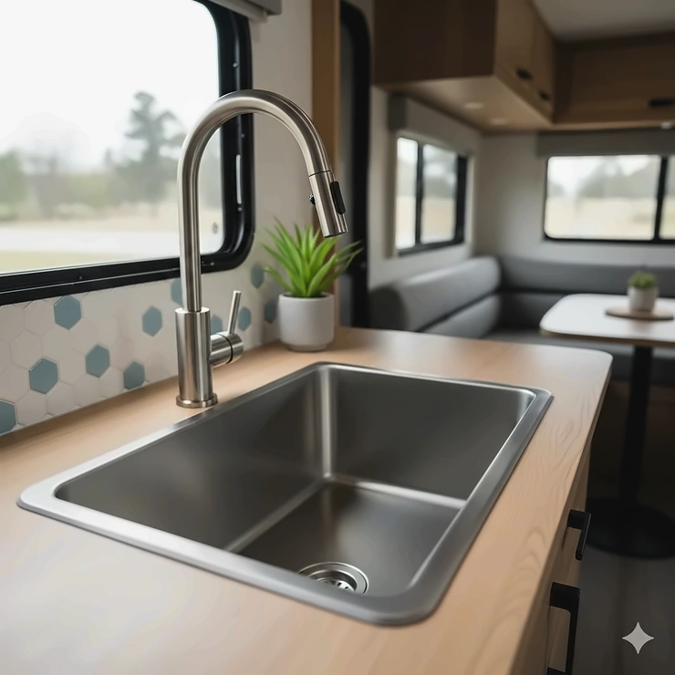 A modern stainless steel camper trailer kitchen sink with a high-arc faucet, showcasing how it saves space in a compact RV kitchen setup. camper trailer kitchen sinks