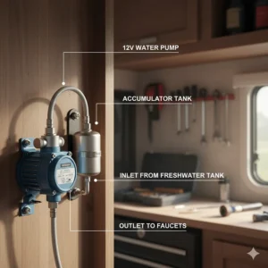 Illustration showing an accumulator tank installed next to a camper water pump to reduce cycling and noise.