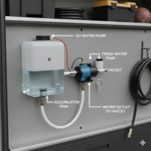 Diagram showing a standard 12V camper water pump connected to a freshwater tank.