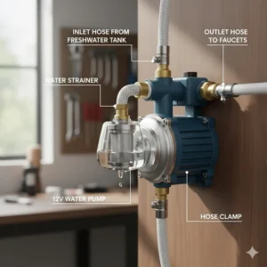 Close-up illustration of flexible hose connections and a strainer attached to a camper water pump.