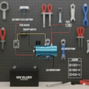 Electrical wiring schematic for connecting a 12 volt camper water pump to a fuse block and switch.