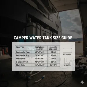 A comparison table or chart showing the typical dimensions and gallon capacities for popular rectangular and L-shaped camper water tanks.