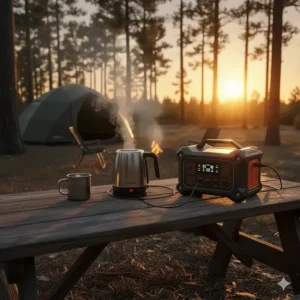 Using a portable power station for camping to run a small electric coffee maker at a campsite.