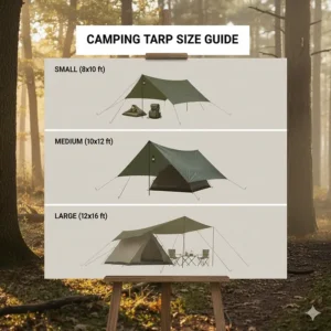 A size comparison chart showing various camping tarps dimensions relative to a standard tent.
