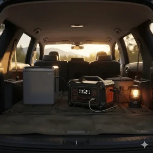 A portable power station for camping placed in the trunk of an SUV powering a 12V portable refrigerator.