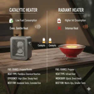 Infographic comparing the fuel consumption and efficiency of a catalytic heater versus a radiant tent heater.