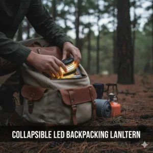 Illustration of a space-saving collapsible LED lantern for camping being packed into a hiker's backpack.