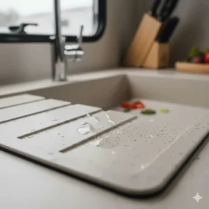 Close-up texture shot of a composite or acrylic camper trailer kitchen sink, highlighting its durability and lightweight material options for RVs.