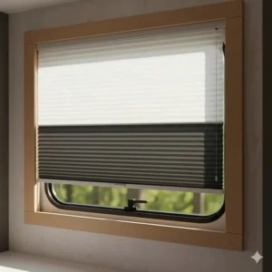 Dual-layered day and night blinds for camper vans offering both sheer light filtering and solid privacy.