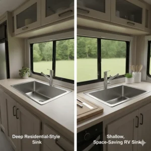 Visual showing the difference between a deep residential-style sink and a shallow, space-saving sink designed specifically for a small camper trailer kitchen.