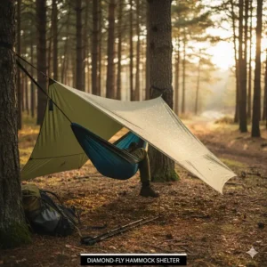 A lightweight diamond-shaped camping tarp pitched over a travel hammock for backpacking.