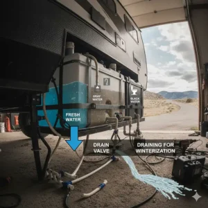 A visual guide demonstrating the correct procedure for draining a camper fresh water tank for winterization.