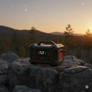 A durable, ruggedized portable power station for camping sitting on rocky terrain during an off-grid trip.