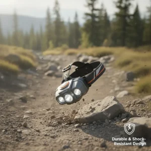 Illustration of a shock-resistant rechargeable headlamp for hiking surviving a drop on rocky terrain.