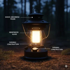 A cross-section illustration of a shockproof and durable LED lantern for camping designed for rugged outdoor use.