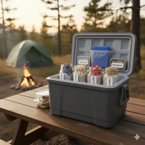 Individual portions of overnight oats, prepared in small jars with fruit and nuts, stored side-by-side in a cooler for no-cook camping breakfast.