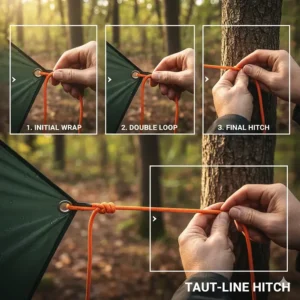 Step-by-step illustration of the taut-line hitch knot used for securing camping tarps.