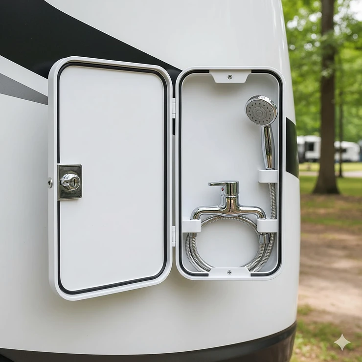 Lockable exterior shower box with a quick-connect camper shower faucet, perfect for rinsing off outside.