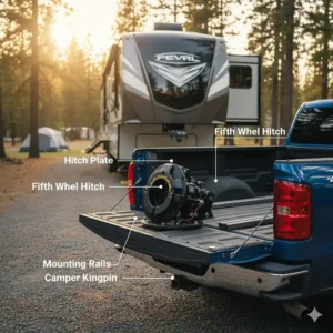 A large fifth wheel hitch mounted in the bed of a pickup truck, ready to tow a large RV or camper.