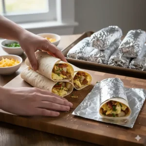 A stack of individually wrapped freezer breakfast burritos, made ahead for a quick and easy camping breakfast.