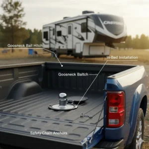 Photo showing the clean, in-bed installation of a gooseneck hitch often used for certain types of camper hauling.