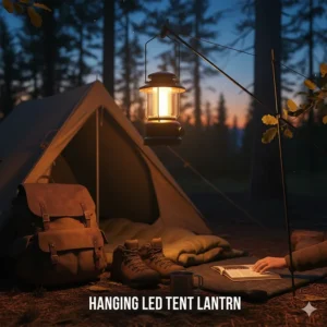 Illustration of a lightweight LED lantern for camping hanging from a tent hook to provide overhead interior lighting.