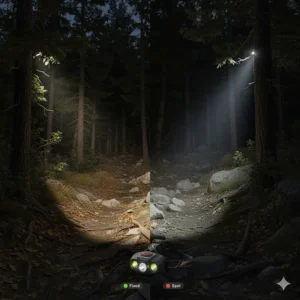 Comparison chart of light intensity and beam distance for a rechargeable headlamp for hiking.