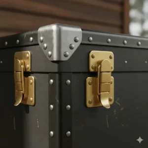 Close-up of the reinforced steel corners and heavy-duty latches on a classic camp trunk, emphasizing durability.