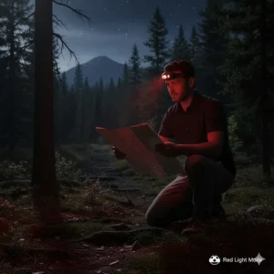 Nighttime illustration of a hiker using the red light mode on a rechargeable headlamp for hiking to preserve night vision.