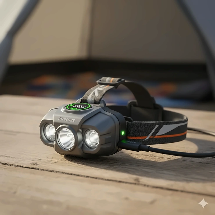 Illustration showing a USB-C rechargeable headlamp for hiking with a digital battery life indicator.