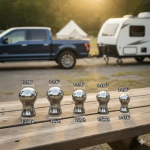 Close-up of various hitch ball and ball mount sizes commonly used with a camper hitch.