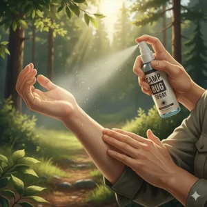 An illustration showing the correct way to apply camp bug spray to exposed skin and clothing.