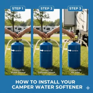 Step-by-step illustration of connecting a water softener to a camper’s exterior water filtration system.