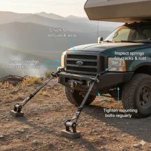 Illustration highlighting key inspection points for rust and tension on truck camper tie down hardware.